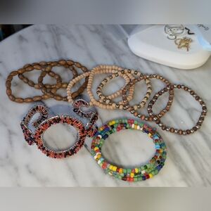 Lot Beaded Bracelets - 1 Bangle, 1 Coil Bracelet+ 8 wooden stretch bracelets